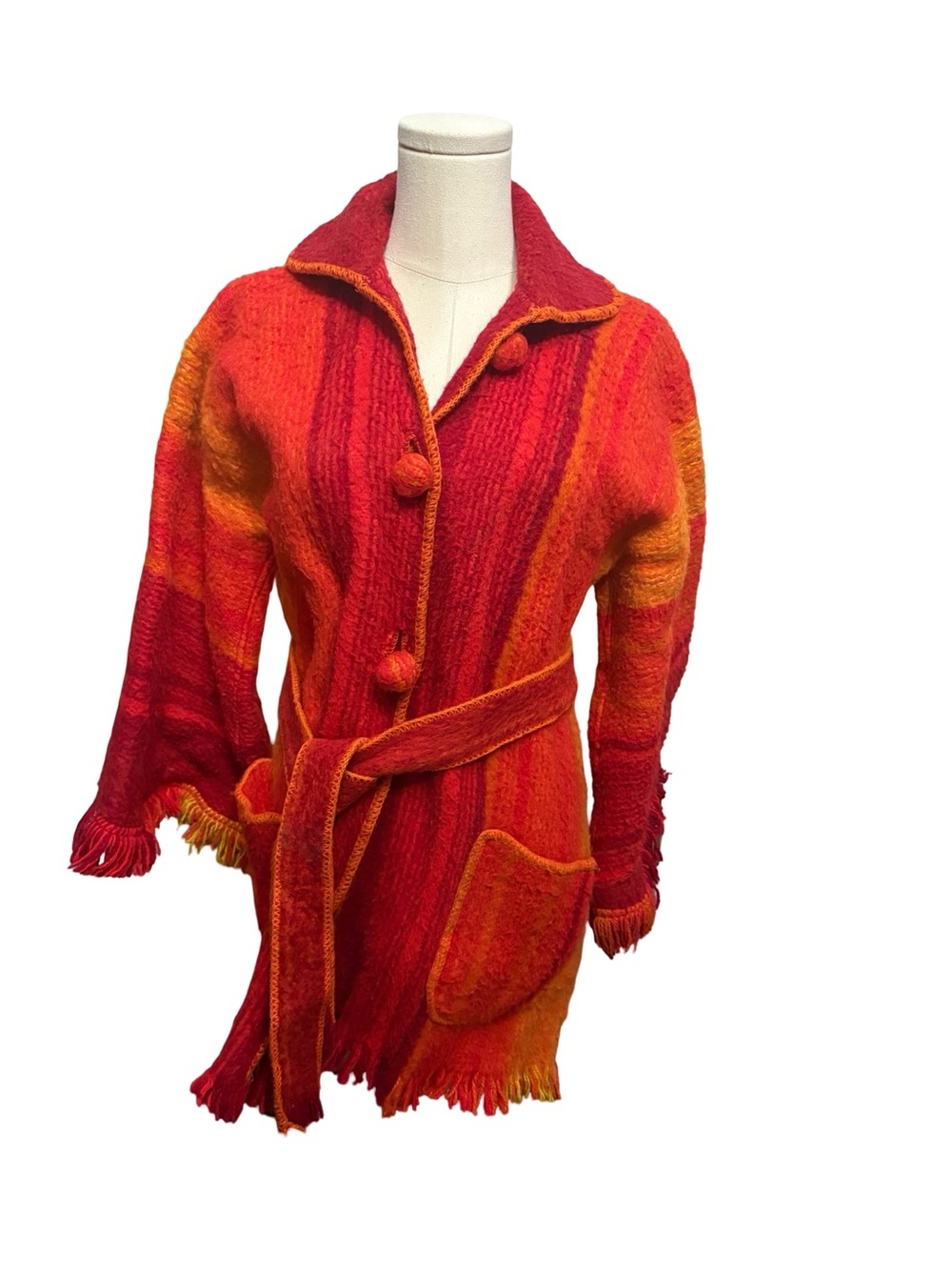 Wool Blend Belted Fringe Knit Coat - size L